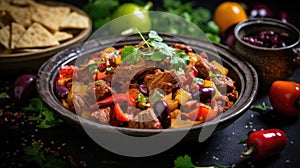 Aromatic and spicy Mexican chiliconcarne - stewed meat with vegetables photo