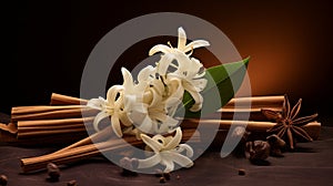 Aromatic Still Life With Cinnamon Sticks, Star Anise, And White Flowers. Generative AI