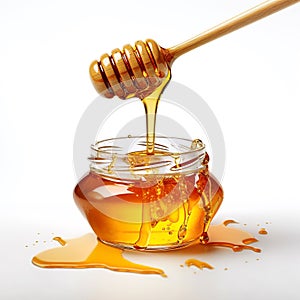 Aromatic sweet golden honey flowing from wooden dipper to glass jar, isolated over white background. Created with generative Ai