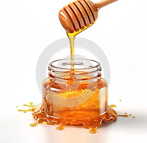 Aromatic sweet golden honey flowing from wooden dipper to glass jar, isolated over white background. Created with generative Ai