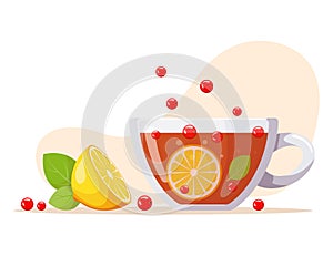 Aromatic tea in glass cup with berries, lemon, mint leaves