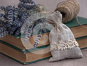 Aromatic Textile sachet pouches decorated with tatting lace with of dried lavender flowers