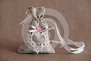 Aromatic Textile sachet pouches decorated with tatting lace with of dried lavender flowers