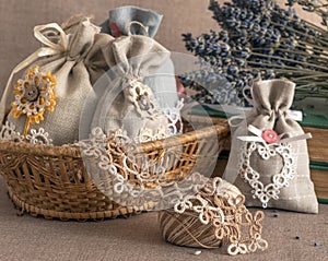 Aromatic Textile sachet pouches decorated with tatting lace with of dried lavender flowers