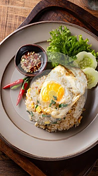 Aromatic Thai fried rice with egg, served on plate with space above for menu title