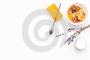 Aromatic theraphy and delicate skin care. Spa set based on honey on white background top view copy space