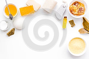 Aromatic theraphy and delicate skin care. Spa set based on honey on white background top view copy space