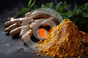 Aromatic turmeric powder and raw roots on grey background. Generate Ai