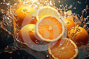 Aromatic Whole splashed oranges cinematic. Generate ai