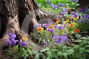 aromatic wildflowers growing near tree roots