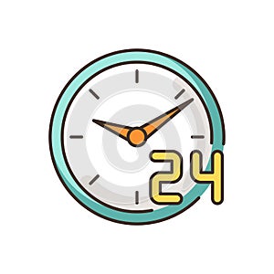 Around the clock service RGB color icon. 24 7 hour customer support. Circle watch dial badge. Twenty four seven hours