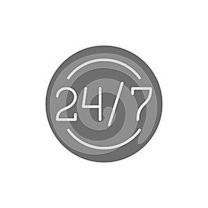 Around clock and daily work schedule, 24 hours service grey icon.