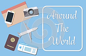 Around the world Banner with travel object on blue