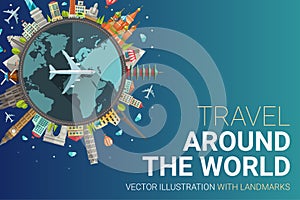 Around the world flat design postcard illustration