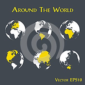 Around the world outline of world map and continent