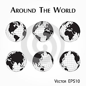 Around the world outline of world map with latitude and longitude photo