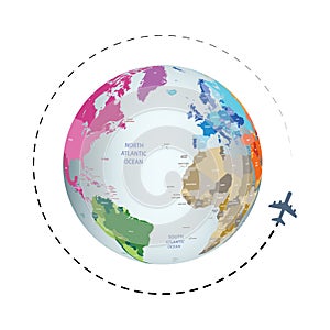 Around the world travel vector with Earth plnaet and flying airplane