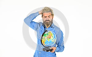 Around the world. Travel and wanderlust. Bearded man with globe. Earth day. International concept. Geography teacher