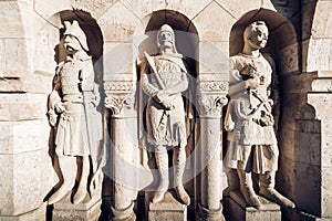 Arpad-era warrior statues at Fisherman`s Bastion. Budapest, Hungary