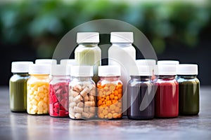 arrange of bioactive compounds supplements in bottles photo