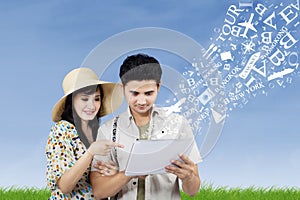 Arrange honeymoon travel from electronic tablet