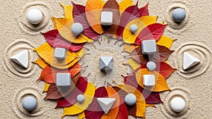 Arranged in a circular pattern on a sandy surface, featuring concentric