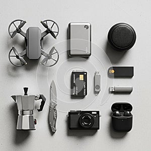 Arranged collection of various electronic gadgets and tools on a