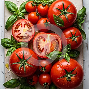 Arranged with green basil leaves Ocimum basilicum on a light