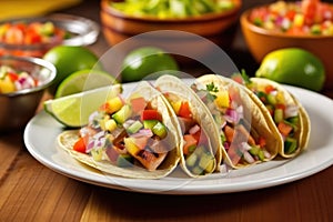 arranged grilled sausage tacos with pickled vegetables on a plate