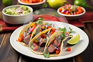 arranged grilled sausage tacos with pickled vegetables on a plate