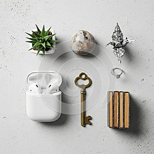 Arranged neatly on a textured, gray