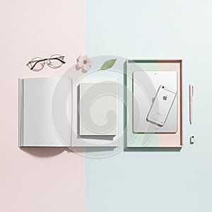 Eyeglasses, an open book, and a closed notebook. Nearby is a