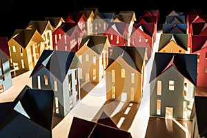 arranged toy houses showing lengthened shadows photo