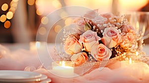 Arranged wedding bouquet placed on beautifully decorated table, set against the backdrop of a romantic wedding venue. Atmosphere