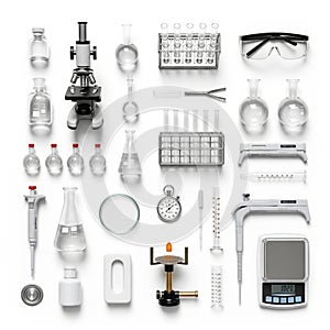 Arranged on a white background includes a microscope, safety