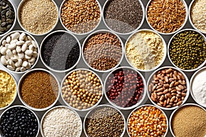 Arranged white bowls with uncooked pulses, grains and seeds on w