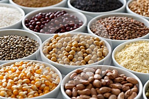 Arranged white bowls with uncooked pulses, grains and seeds on w