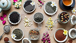 Arranged on a wooden surface with different types like black