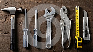 Arranged on a wooden surface include a hammer with a black handle