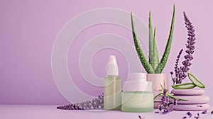 Arrangement of aloe skincare products, containers set with aloe vera leaves on a pastel lavender background