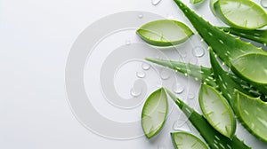 Arrangement of Aloe vera on a clean white backdrop. Emphasizing skin care and beauty, Essence of natural skincare routines