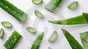 Arrangement of Aloe vera on a clean white backdrop. Emphasizing skin care and beauty, Essence of natural skincare routines