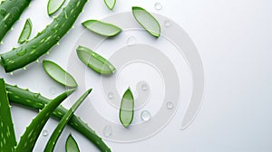 Arrangement of Aloe vera on a clean white backdrop. Emphasizing skin care and beauty, Essence of natural skincare routines