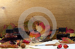 Arrangement of autumn leaves, nuts and berries and painting equipment, copy space