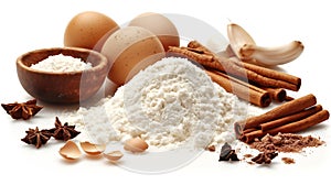 Arrangement of baking ingredients with eggs, flour, cinnamon, and star anise on a white background