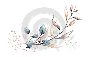 Arrangement with branches, leaves, pink gold dust graphic elements. Vector traced illustration