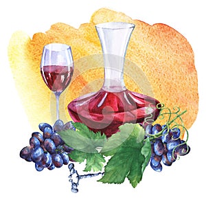 Arrangement with bunch of fresh grapes, corkscrews, decanter and glasses of red wine.