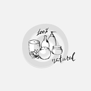 Arrangement of candles. Lotus flower and cosmetics. Cream. Lotion. Perfume. The inscription is 100 natural. Sketch. Vector. The