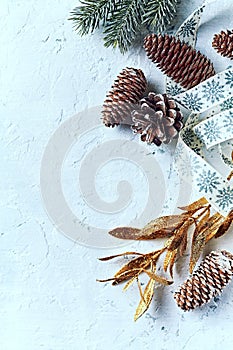 An arrangement of Ciristmas decorations on white background