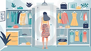 Arrangement of clothing at home. Illustration of clothing laying on shelves to be organized. Woman standing in front of